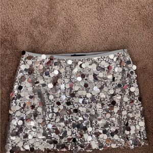 AKIRA Silver Sequin Mini Skirt - Reflective Disc Detail